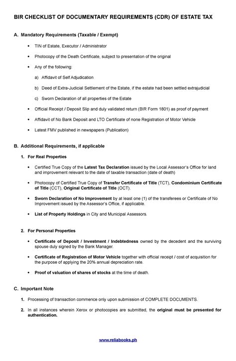 estate tax form bir|BIR CHECKLIST OF DOCUMENTARY REQUIREMENTS (CDR) .